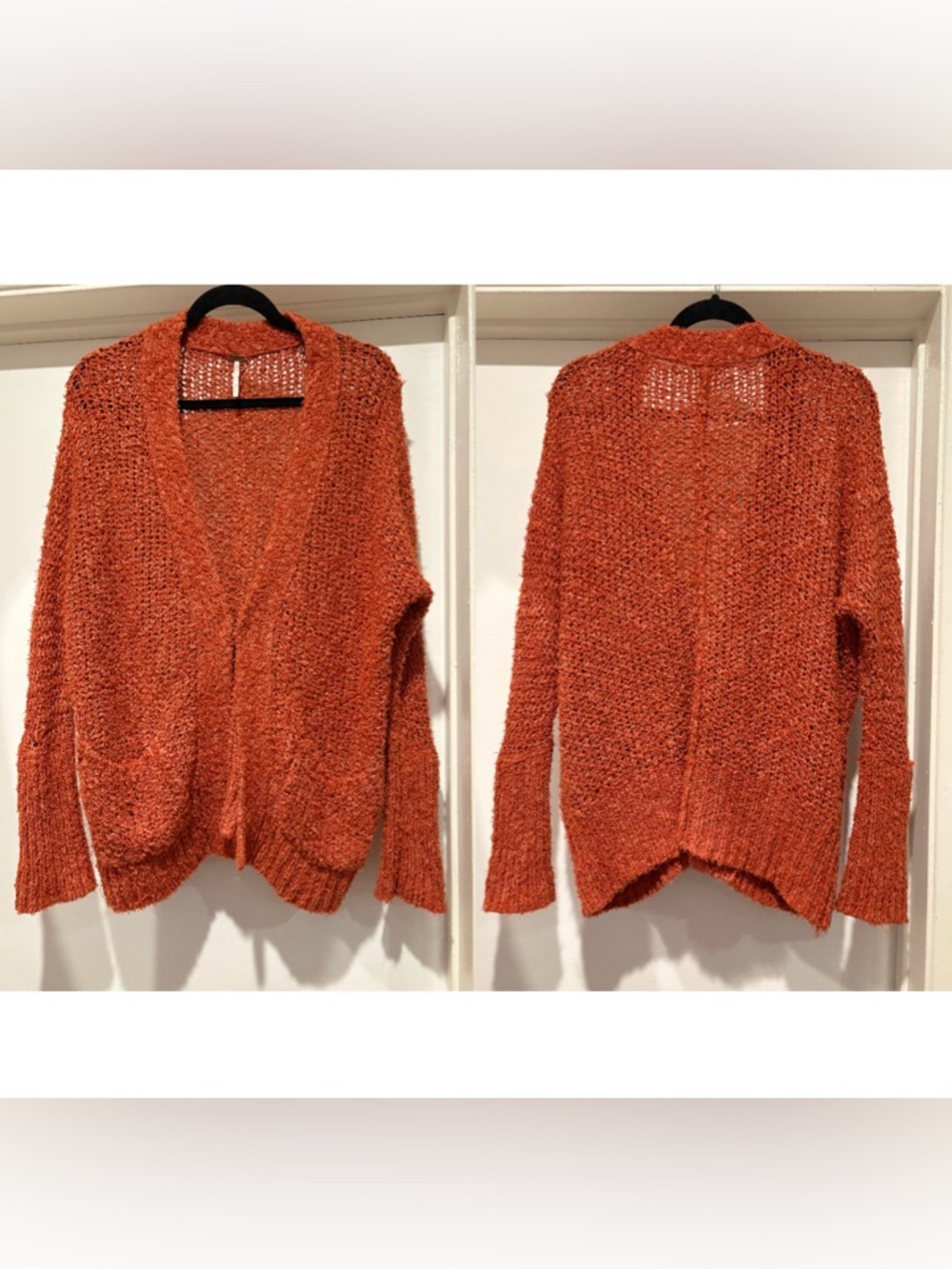 Free People Burnt Orange Cardigan Sweater Fuzzy Open Knit Cozy Fall